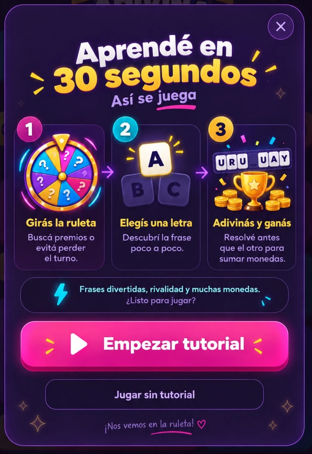 Aprendé en 30 segundos: girás la ruleta, elegís una letra, adivinás y ganás